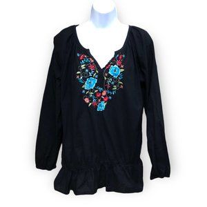 Plus Size Panhandle Slim Black Embroidered Blouse Gypsy Boho Long Sleeve Size 2X